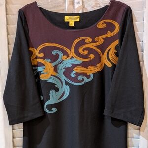 Claire Size 10 Black Dress with Colorful Swirl Design 3/4 Length Sleeves